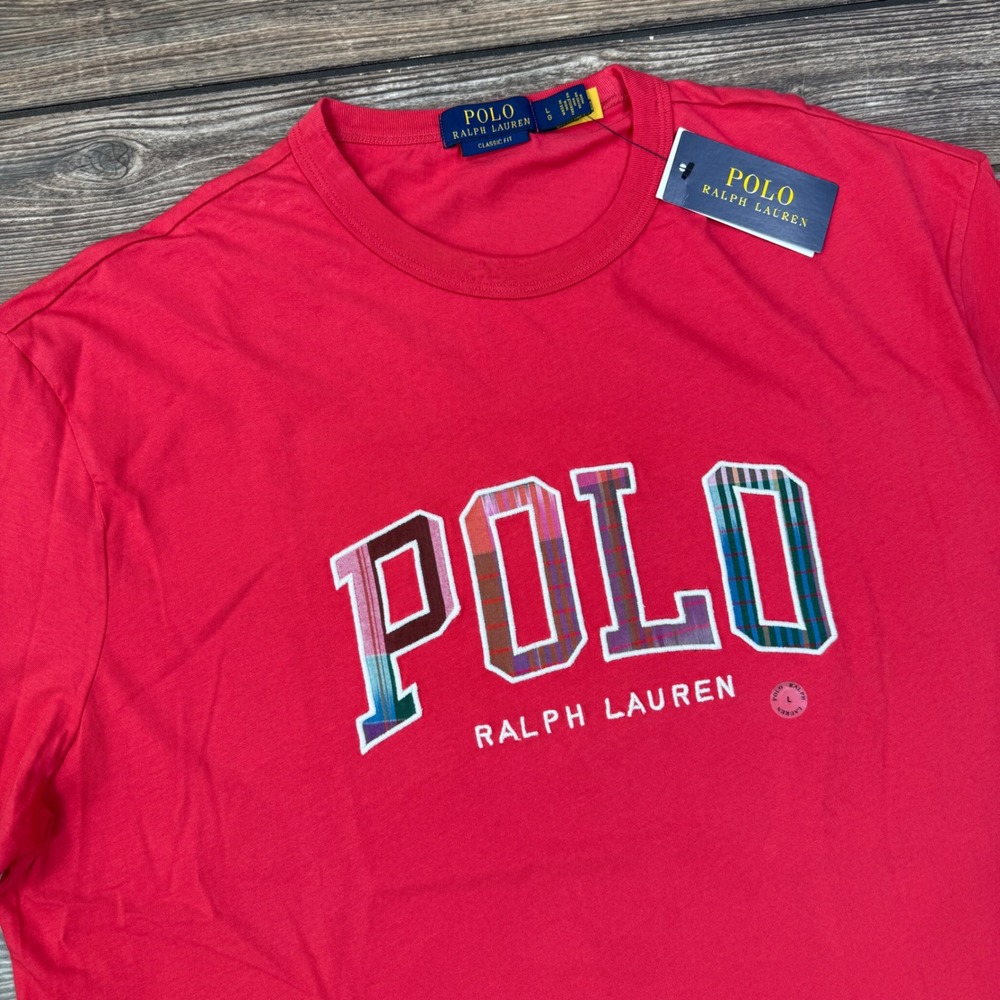 Polo Ralph Lauren Mens Classic Fit Plaid Logo Graphic T-Shirt Red Large NEW